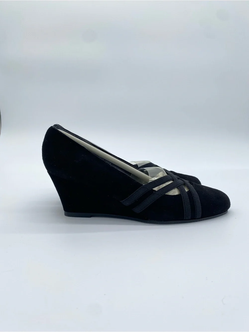 Elegant Vintage Black Suede Crisscross Wedge Pumps‎ Deadstock